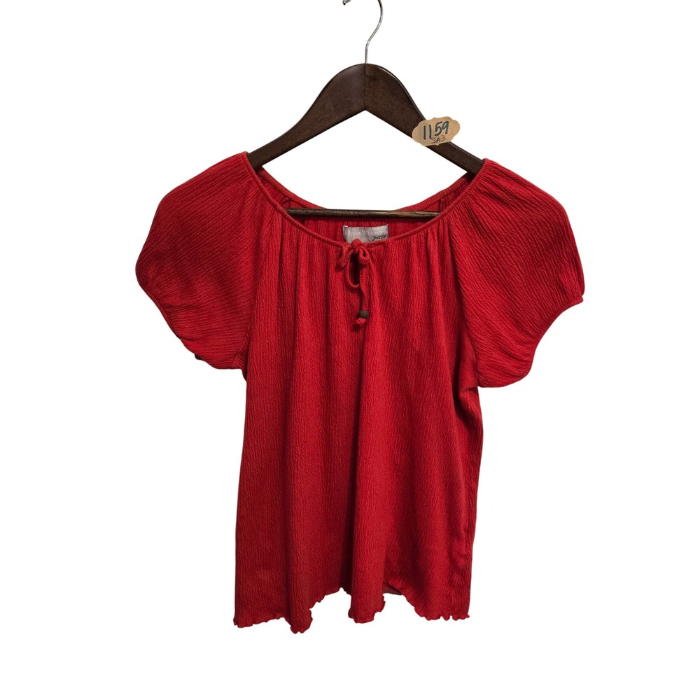 Allyson Whitmore Petite Red Textured Knit Puff Sleeve Tie Neck Blouse PS